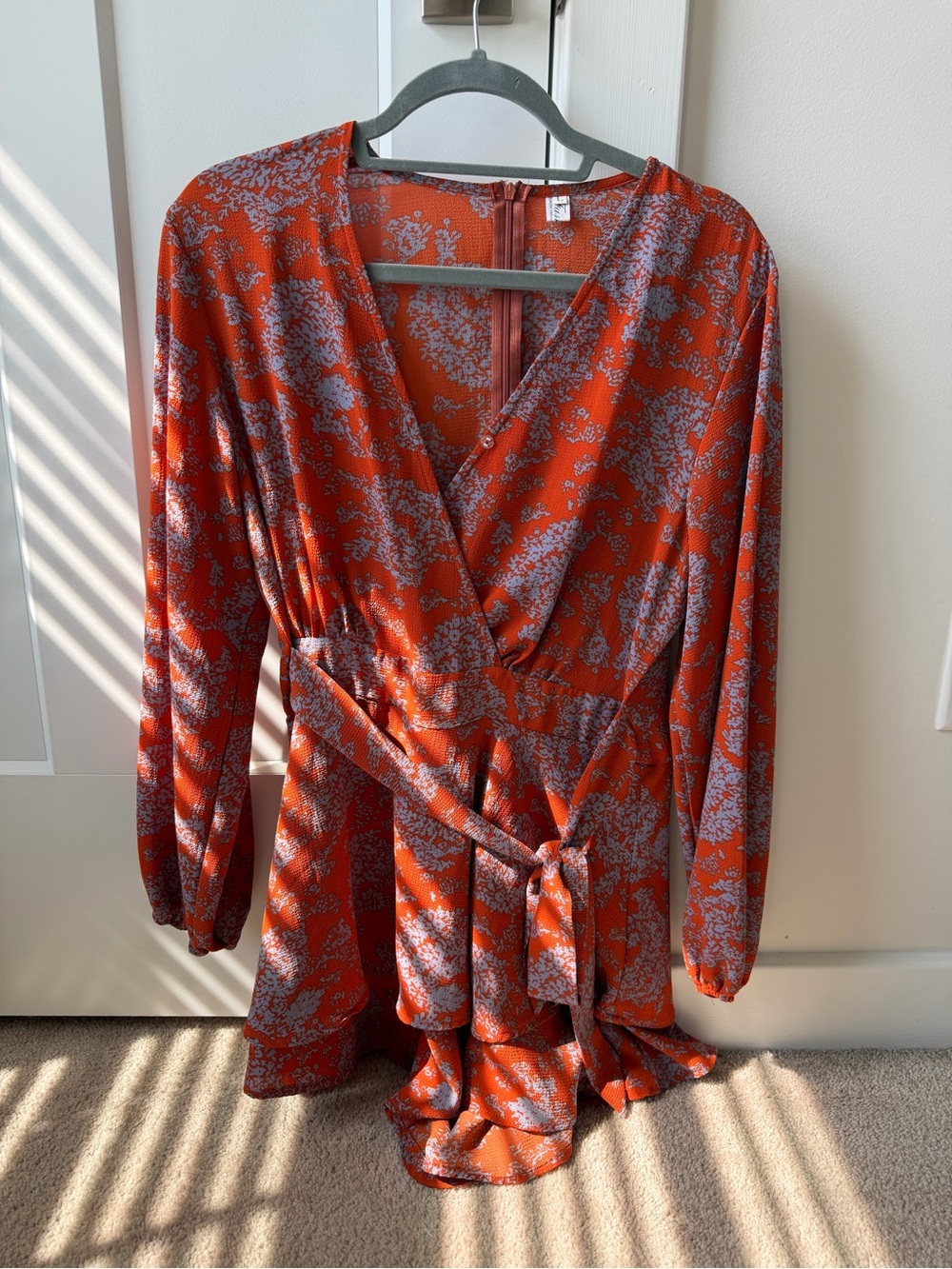 Women's Orange Floral Wrap Dress Romper